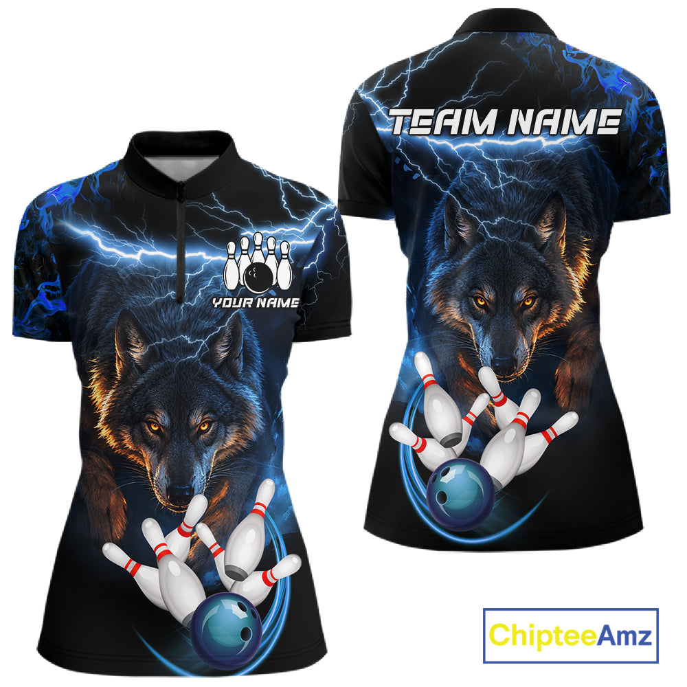 Personalized Blue Lightning Thunder Wolf Bowling Shirts For Women Custom Bowling League Team Jersey TDM7217