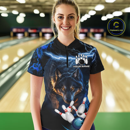 Personalized Blue Lightning Thunder Wolf Bowling Shirts For Women Custom Bowling League Team Jersey TDM7217