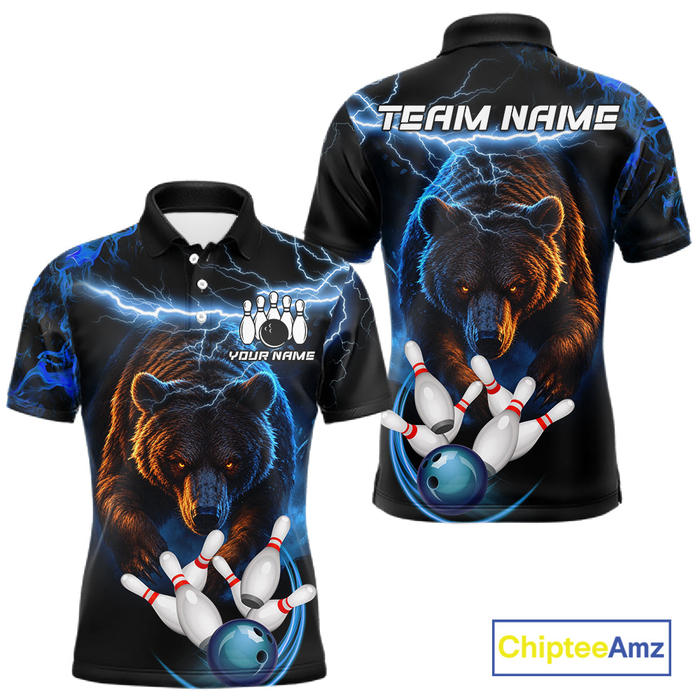 Personalized Blue Lightning Thunder Bear Bowling Shirts For Men Custom Bowling League Team Jersey TDM7218