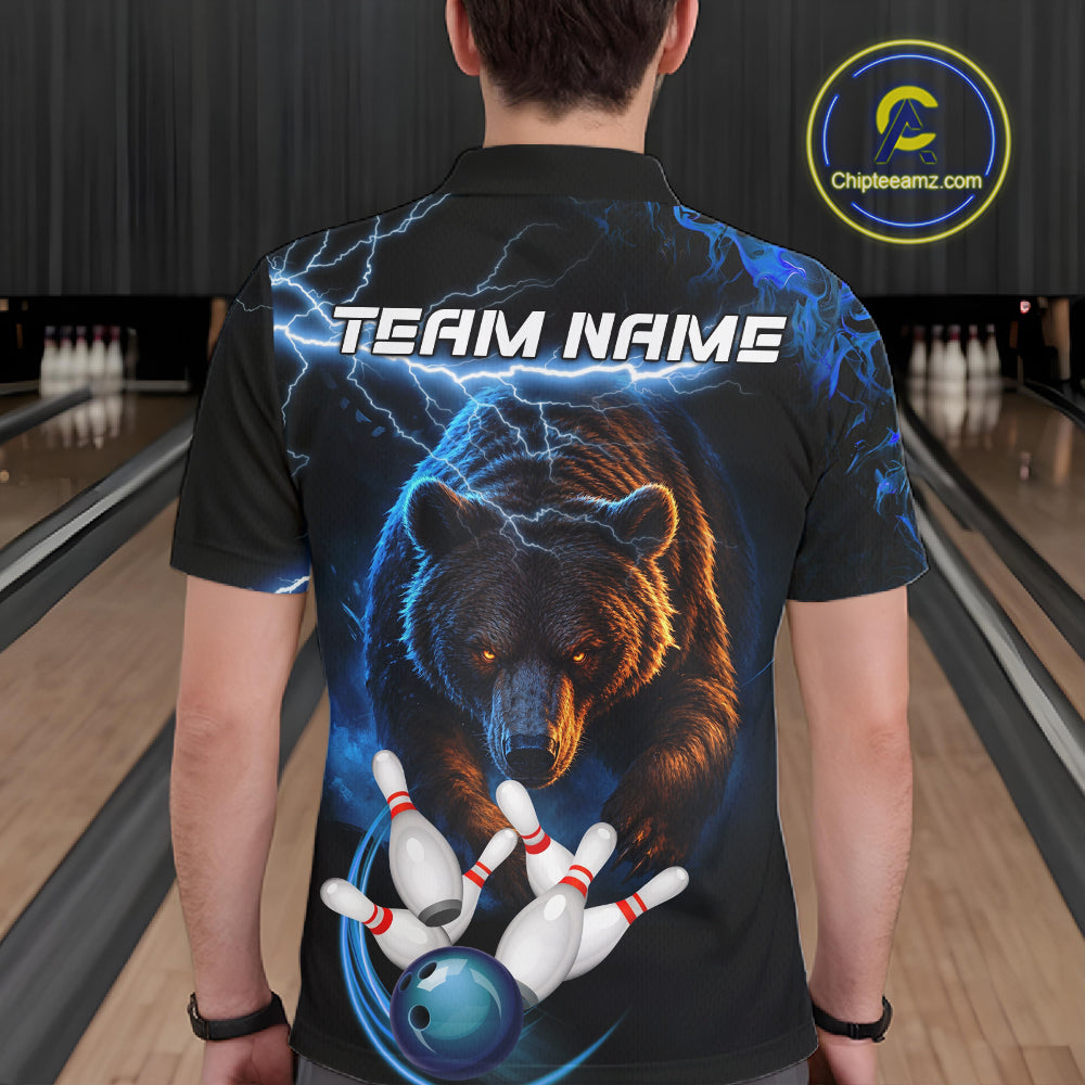 Personalized Blue Lightning Thunder Bear Bowling Shirts For Men Custom Bowling League Team Jersey TDM7218