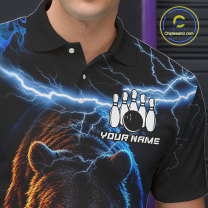 Personalized Blue Lightning Thunder Bear Bowling Shirts For Men Custom Bowling League Team Jersey TDM7218