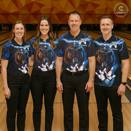 Personalized Blue Lightning Thunder Bear Bowling Shirts For Men Custom Bowling League Team Jersey TDM7218