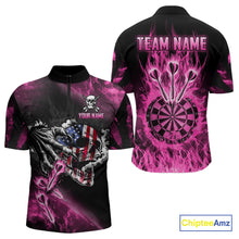 Load image into Gallery viewer, Fire Flame Darts Board American Flag Skull Dart Shirts For Men Custom Darts Team Jerseys |Pink TDM4774