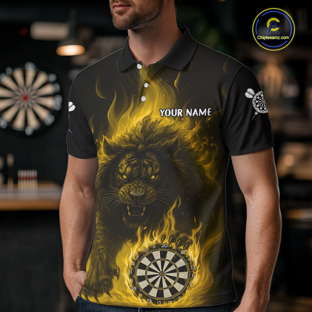 Yellow Flaming Lion Darts Shirts For Men Custom Fire Darts League Jersey Team Polo & 1/4 Zip TDM6066