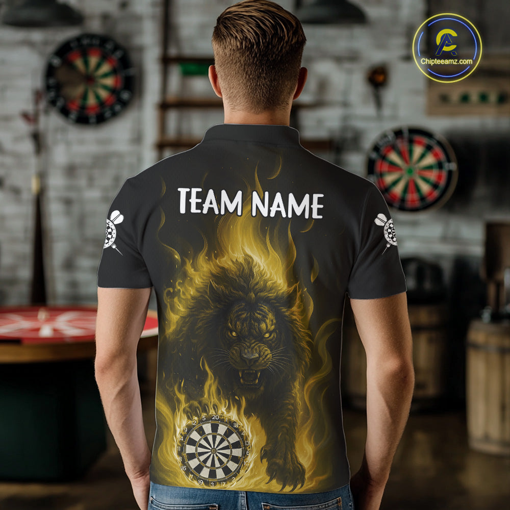 Yellow Flaming Lion Darts Shirts For Men Custom Fire Darts League Jersey Team Polo & 1/4 Zip TDM6066