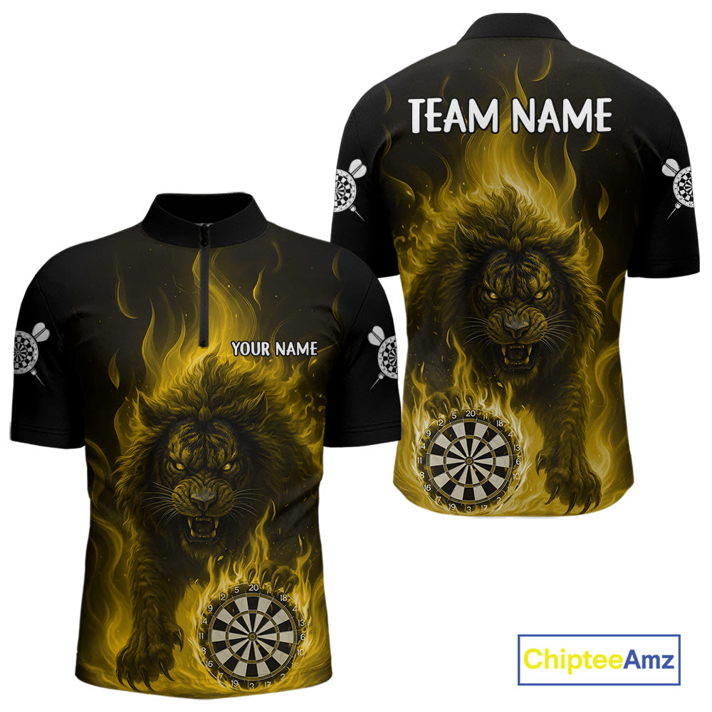 Yellow Flaming Lion Darts Shirts For Men Custom Fire Darts League Jersey Team Polo & 1/4 Zip TDM6066