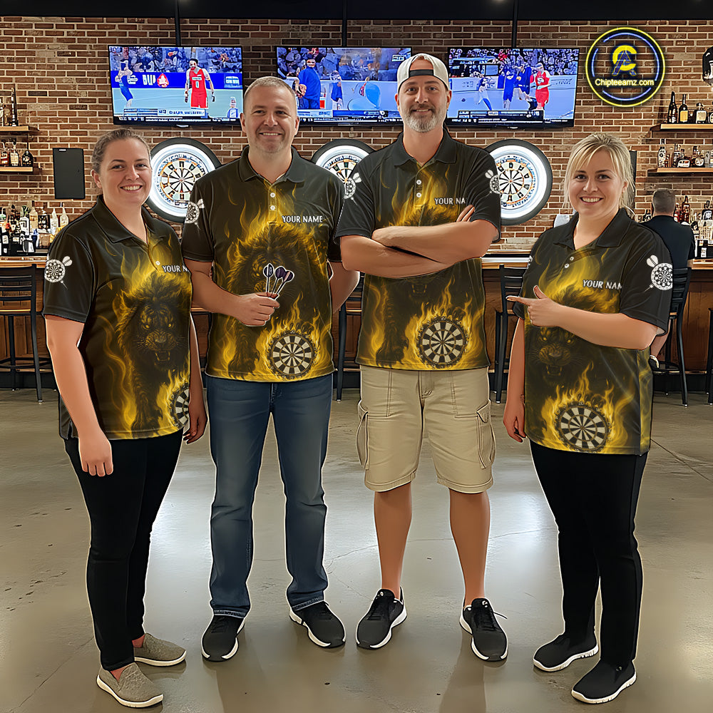 Yellow Flaming Lion Darts Shirts For Men Custom Fire Darts League Jersey Team Polo & 1/4 Zip TDM6066