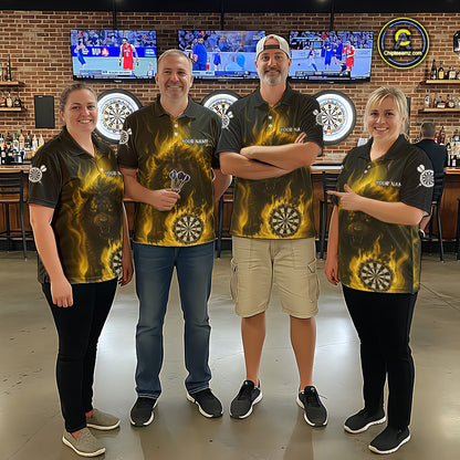 Yellow Flaming Lion Darts Shirts For Men Custom Fire Darts League Jersey Team Polo & 1/4 Zip TDM6066