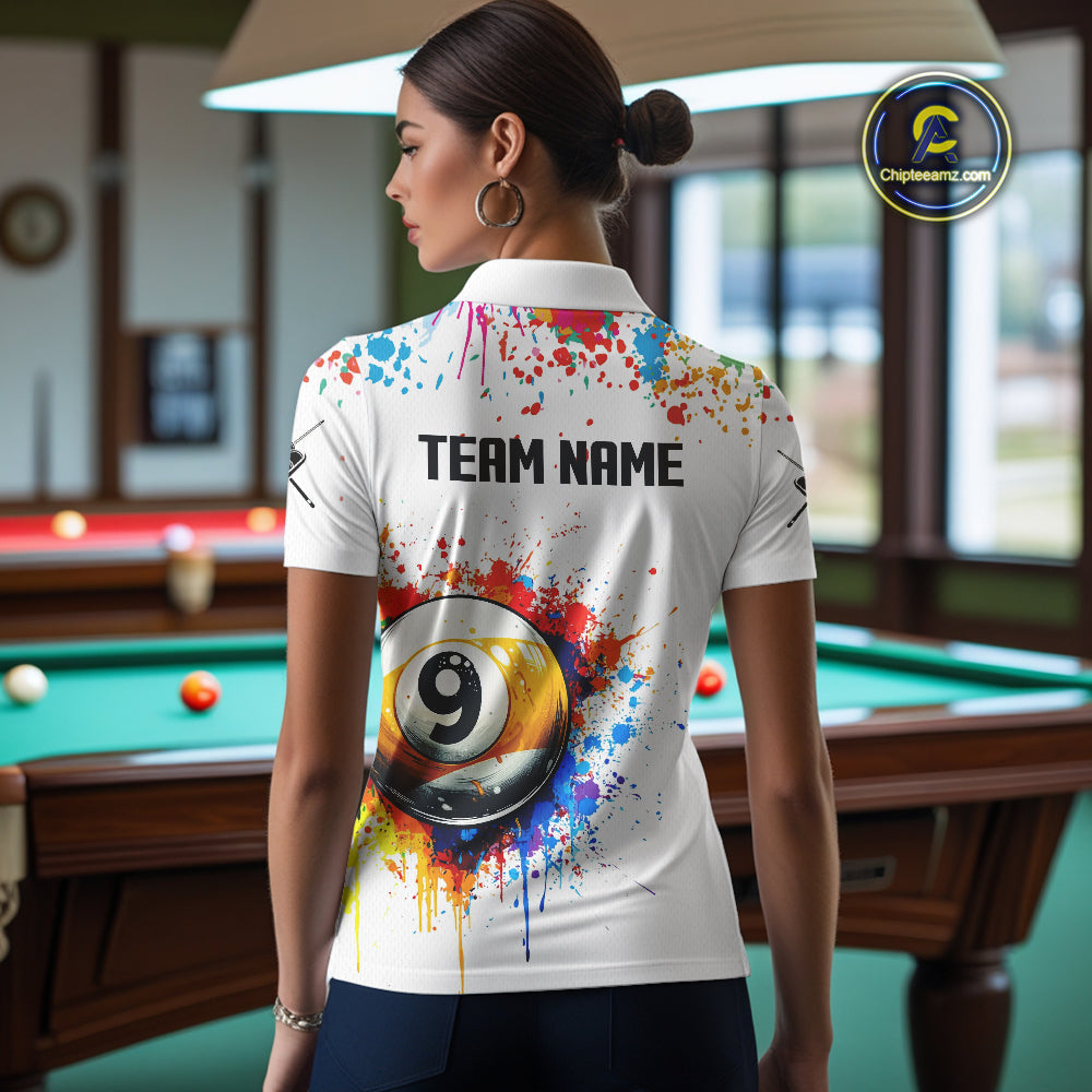 Funny 9 Ball Pool Colorful Paint Splash Custom Billiard Shirt For Women, Billiard Team Jersey|White TDM3977
