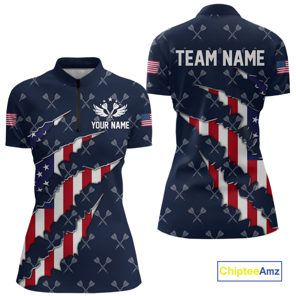 Personalized American Flag Navy Dart Pattern Polo & Quarter Zip For Women, Patriotic Darts Jersey TDM4996