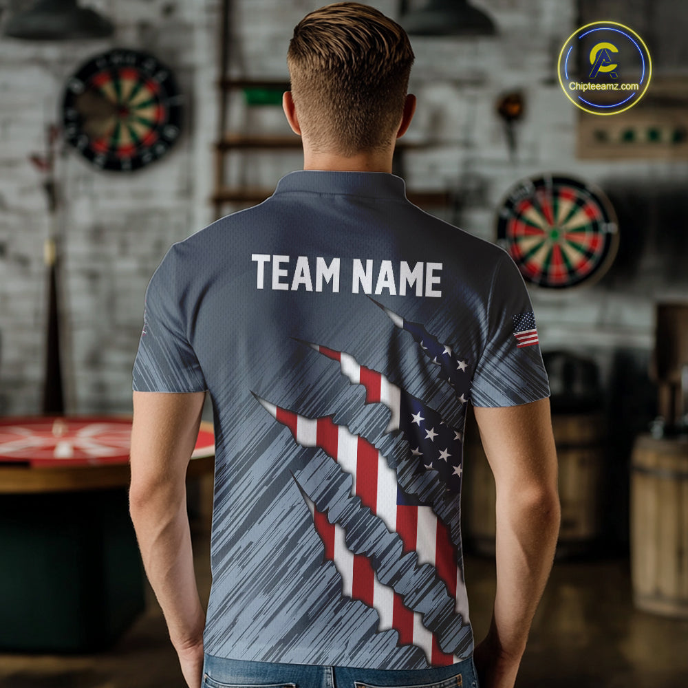 American Flag Grey Grunge Darts Polo & Quarter Zip Custom Dart Shirt For Men Patriotic Dart Jersey TDM4998