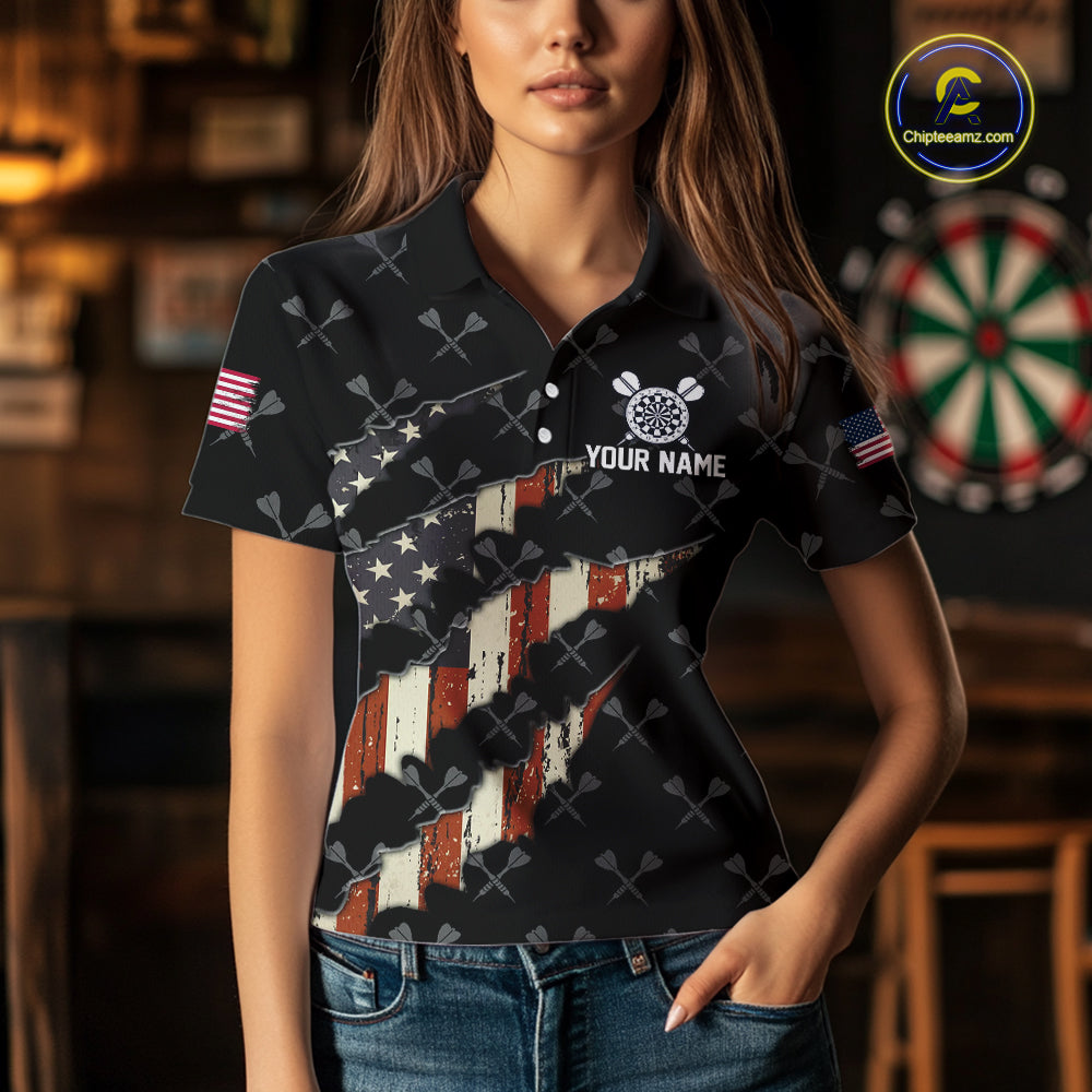 Vintage American Flag Darts Polo & Quarter Zip Custom Darts Shirt For Women, Patriotic Darts Jersey TDM4999
