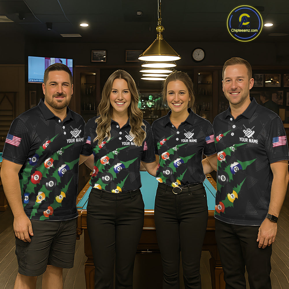 Personalized Scratch Black 8 Ball Billiard Shirt For Men, Pool Team Jersey Polo 1/4 Zip |Green TDM6070