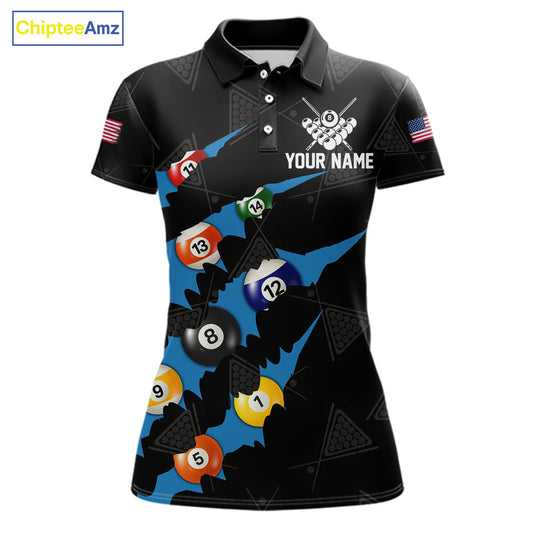 Personalized Scratch Black 8 Ball Billiard Shirt For Women, Pool Team Jersey Polo 1/4 Zip |Blue TDM6071
