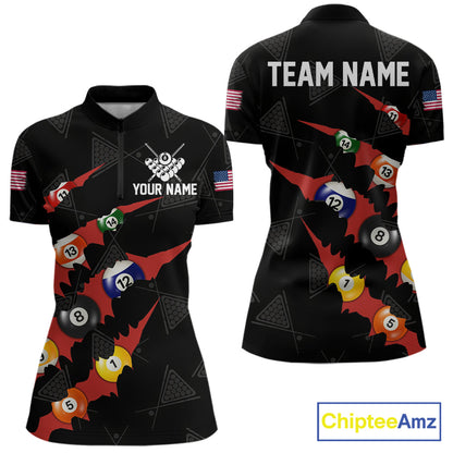 Personalized Scratch Black 8 Ball Billiard Shirt For Women, Pool Team Jersey Polo 1/4 Zip |Red TDM6072