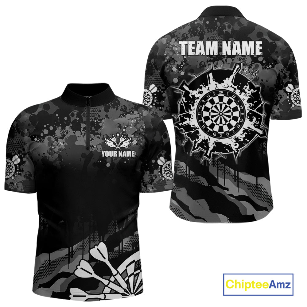 Black Grey Grunge Camo Darts Shirt For Men Custom Darts Jersey Team Polo & 1/4 Zip, Darts Uniform TDM6322