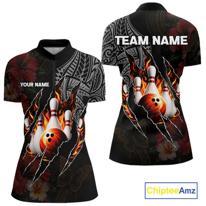 Personalized Hibiscus Flower Flame Bowling Shirt For Women, Tribal Bowling Team Jersey Polo, 1/4 Zip TDM6501