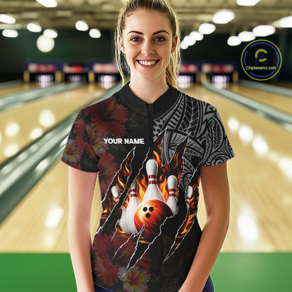 Personalized Hibiscus Flower Flame Bowling Shirt For Women, Tribal Bowling Team Jersey Polo, 1/4 Zip TDM6501
