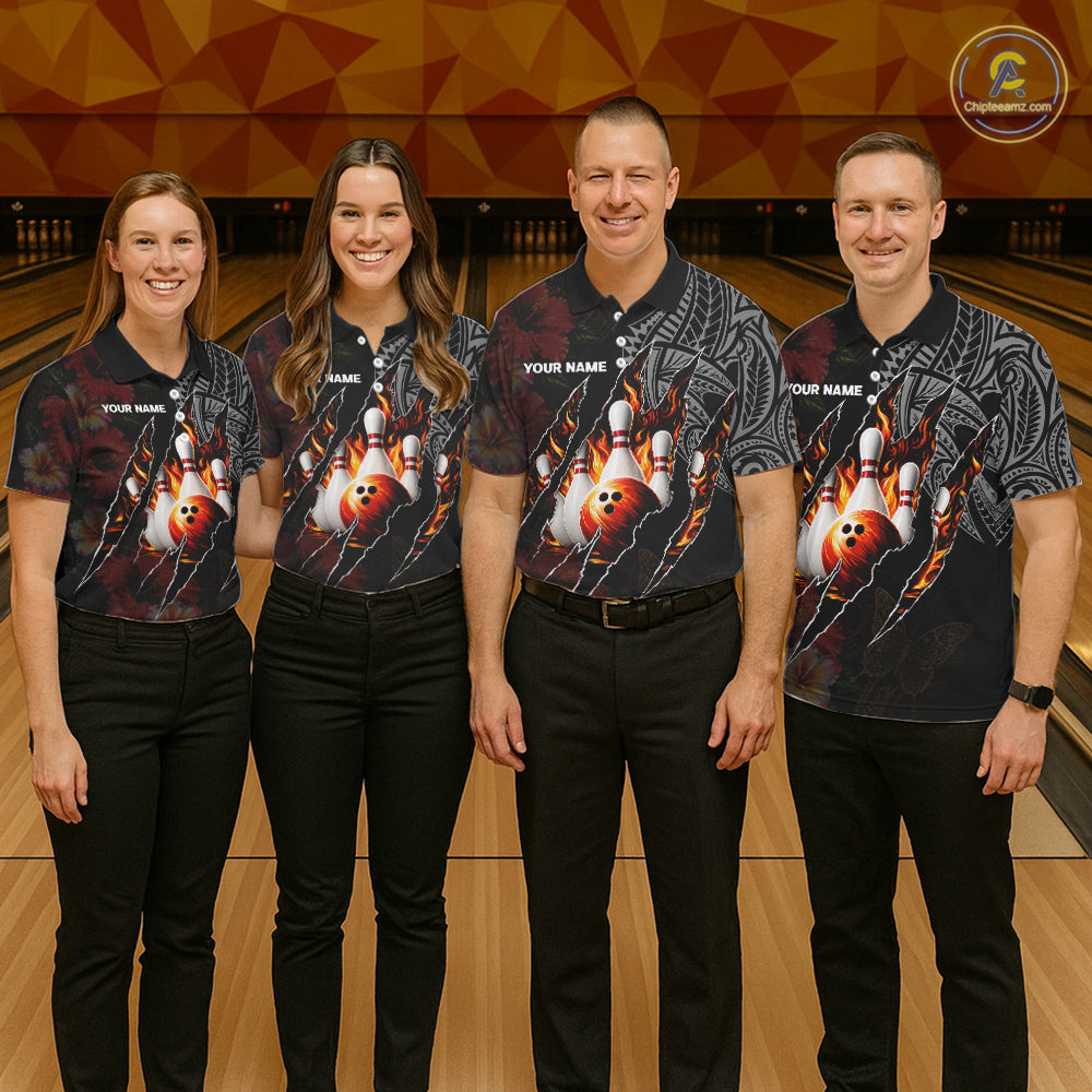 Personalized Hibiscus Flower Flame Bowling Shirt For Men, Tribal Bowling Team Jersey Polo, 1/4 Zip TDM6501