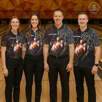 Personalized Hibiscus Flower Flame Bowling Shirt For Men, Tribal Bowling Team Jersey Polo, 1/4 Zip TDM6501