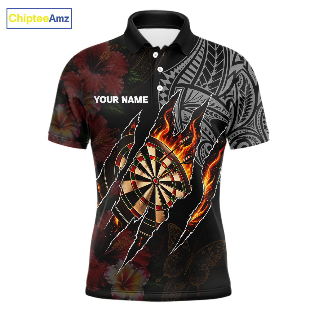 Personalized Hibiscus Flower Flame Darts Shirt For Men, Tribal Darts Team Jersey Polo & 1/4 Zip TDM6502