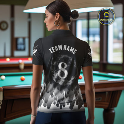 Black And Grey Flaming 8 Ball Pool Women Billiard Polo & 1/4 Zip Custom Pool Team Player Jersey TDM4186