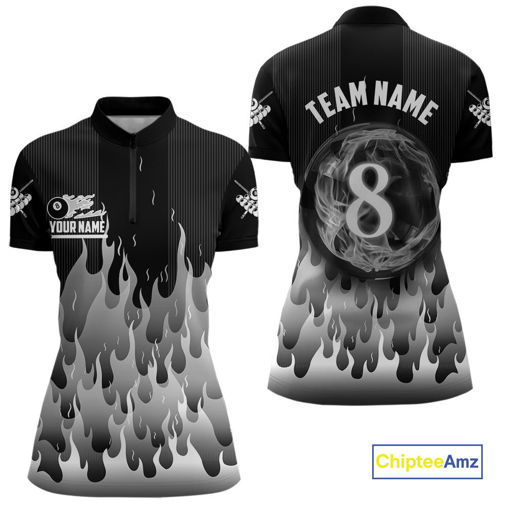 Black And Grey Flaming 8 Ball Pool Women Billiard Polo & 1/4 Zip Custom Pool Team Player Jersey TDM4186