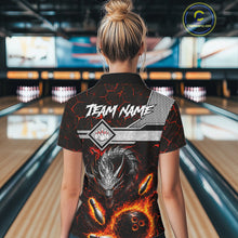 Load image into Gallery viewer, Woman wearing personalized fire flame dragon bowling team jersey quarter zip shirt featuring blazing fire dragon artwork, front view.