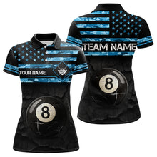 Load image into Gallery viewer, Customized Retro 8 Ball Pool Blue Camo US Flag Billiard Shirts For Women, Patriotic Billiard Jersey TDM3567