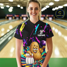 Load image into Gallery viewer, Woman wearing a colorful potato bowling quarter zip jersey during league competition front view.