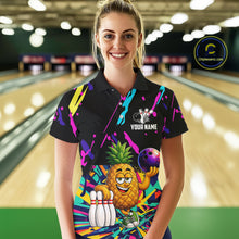 Load image into Gallery viewer, Woman wearing a colorful pineapple bowling quarter zip jersey during league competition front view.
