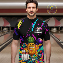 Load image into Gallery viewer, Man wearing a colorful pineapple bowling quarter zip jersey during league competition front view.