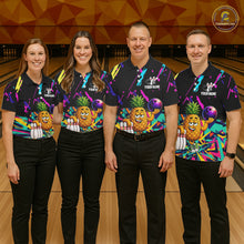 Load image into Gallery viewer, Bowling team wearing matching colorful pineapple bowling jerseys during tournament matches front view.