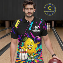 Load image into Gallery viewer, Man wearing a colorful lemon bowling polo shirt at a bowling alley front view.