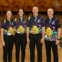 Load image into Gallery viewer, Bowling team wearing matching colorful lemon bowling jerseys during tournament matches front view.