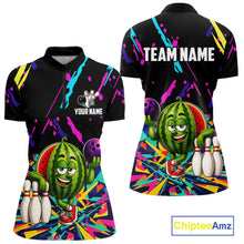 Load image into Gallery viewer, Colorful watermelon bowling quarter zip shirt for women designed for league tournaments and team events.