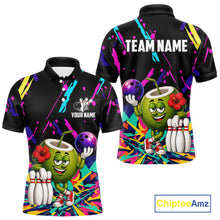 Load image into Gallery viewer, Colorful coconut bowling polo shirt for men with tropical custom bowling team graphics.