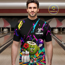Load image into Gallery viewer, Man wearing a colorful coconut bowling quarter zip jersey during league competition front view.