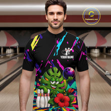 Load image into Gallery viewer, Man wearing a colorful monstera hibiscus bowling quarter zip jersey during league competition front view.
