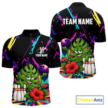 Load image into Gallery viewer, Colorful monstera hibiscus bowling quarter zip shirt for men designed for league tournaments and team events.