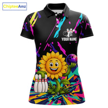 Load image into Gallery viewer, Colorful sunflower bowling polo shirt for women with vibrant custom bowling team graphics.