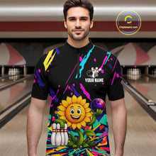 Load image into Gallery viewer, Man wearing a colorful sunflower bowling quarter zip jersey during league competition front view.