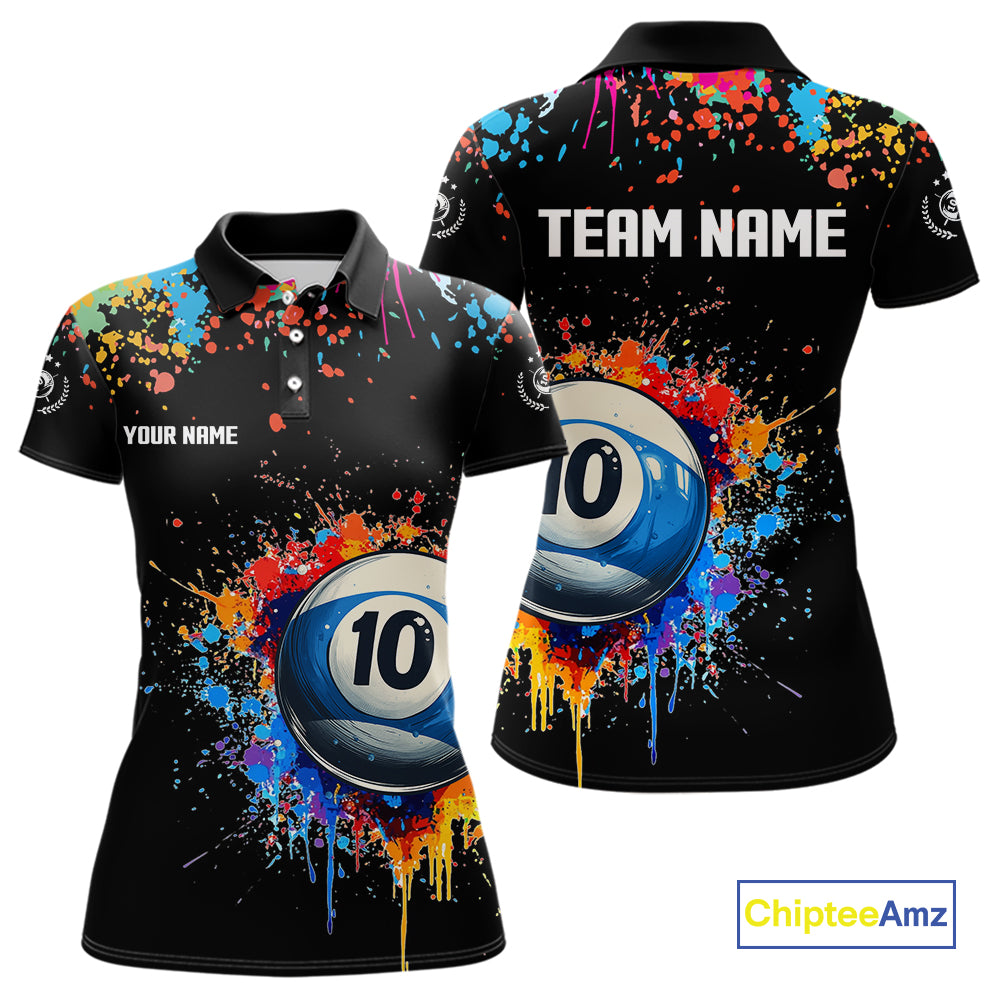 Funny 10 Ball Pool Colorful Paint Splash Custom Billiard Shirt For Women, Billiard Team Jerseys TDM4346