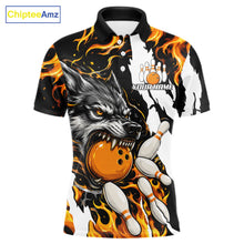 Load image into Gallery viewer, Personalized orange flame wolf bowling team jersey polo shirt for men featuring a fierce wolf with blazing orange flame artwork, premium custom bowling league apparel for tournaments, league nights and competitive bowling teams.