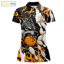 Load image into Gallery viewer, Personalized orange flame wolf bowling team jersey polo shirt for women featuring a fierce wolf with blazing orange flame artwork, premium custom bowling league apparel for tournaments, league nights and competitive bowling teams.