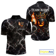 Load image into Gallery viewer, Personalized crown bowling ball lightning bowling team jersey quarter zip shirt for men featuring bold lightning bowling ball artwork, premium custom bowling league apparel.
