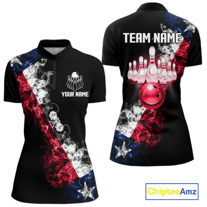 Personalized Smoke Texas Flag Bowling Shirts For Women Custom Patriotic Bowling League Team Jersey TDM7259