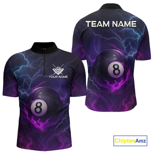 Personalized 3D Purple Billiard Jerseys For Men, Lightning 8 Ball Pool Billiard Team Shirts TDM4010