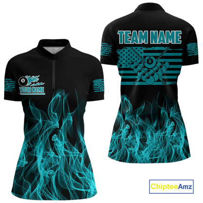 Turquoise Flaming American Flag Women's Billiard Shirt Custom Patriotic Pool Player Billiard Jersey TDM4194