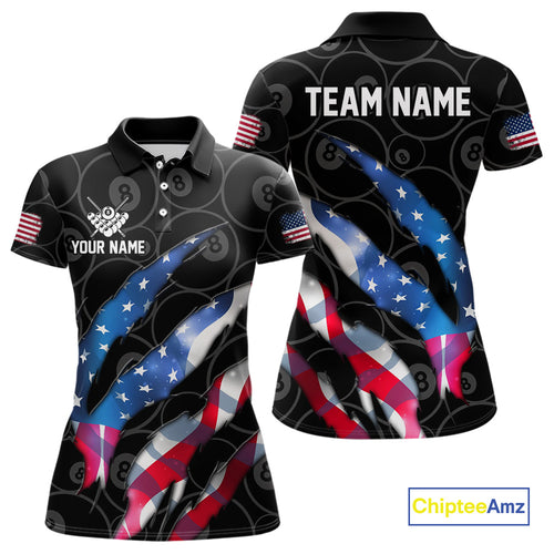 Custom Glowing American Flag 8 Ball Billiard Shirt For Women, Patriotic Billiard Team Jerseys |Black TDM4595